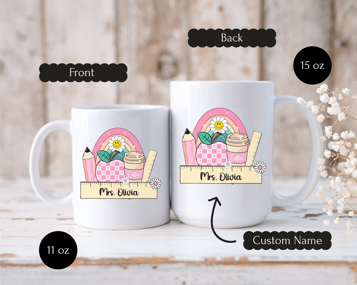 Custom Teacher Coffee Mug, Personalised Rainbow Pencil Coffee Cup, Custom Name Appreciation Gift, Back to School, Ceramic Mug For Educator