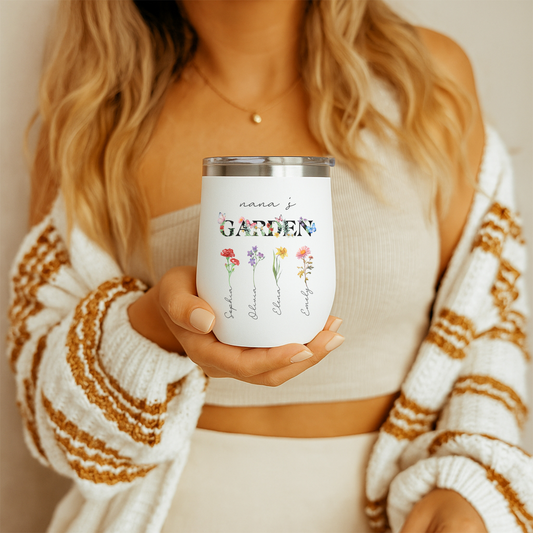 Garden Grandma Wine Tumbler, Floral Nana Insulated Cup, Relaxing Drink Container, Grandmother Gift, Flower Design Stainless Steel Mug