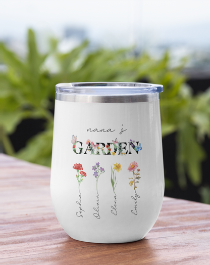 Garden Grandma Wine Tumbler, Floral Nana Insulated Cup, Relaxing Drink Container, Grandmother Gift, Flower Design Stainless Steel Mug