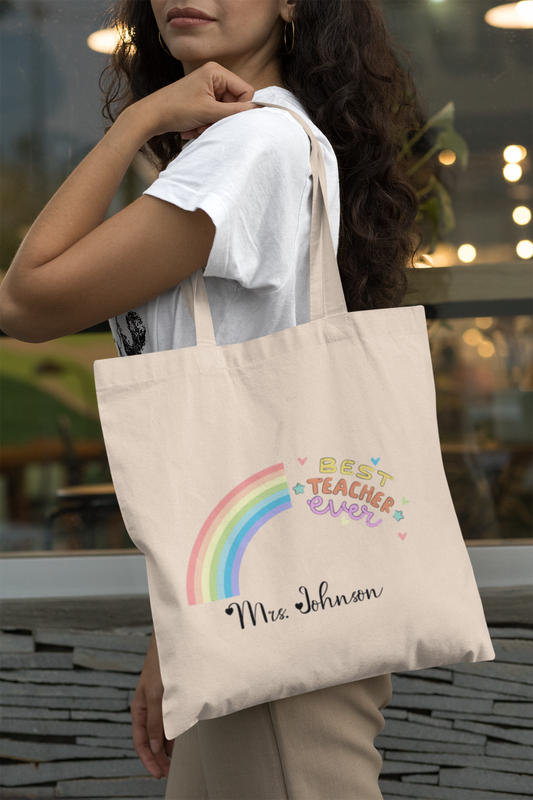 Personalized Canvas Teacher Tote Bag - Back to School Teacher Bag Gift, Teacher Appreciation Tote with Pockets, Custom Teacher Laptop Bag