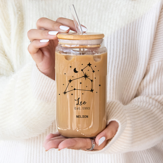 Zodiac Sipper Glass Personalized Astrology Iced Coffee Cup Unique Gift for Horoscope Lovers Custom Zodiac Sign Glass for Birthday