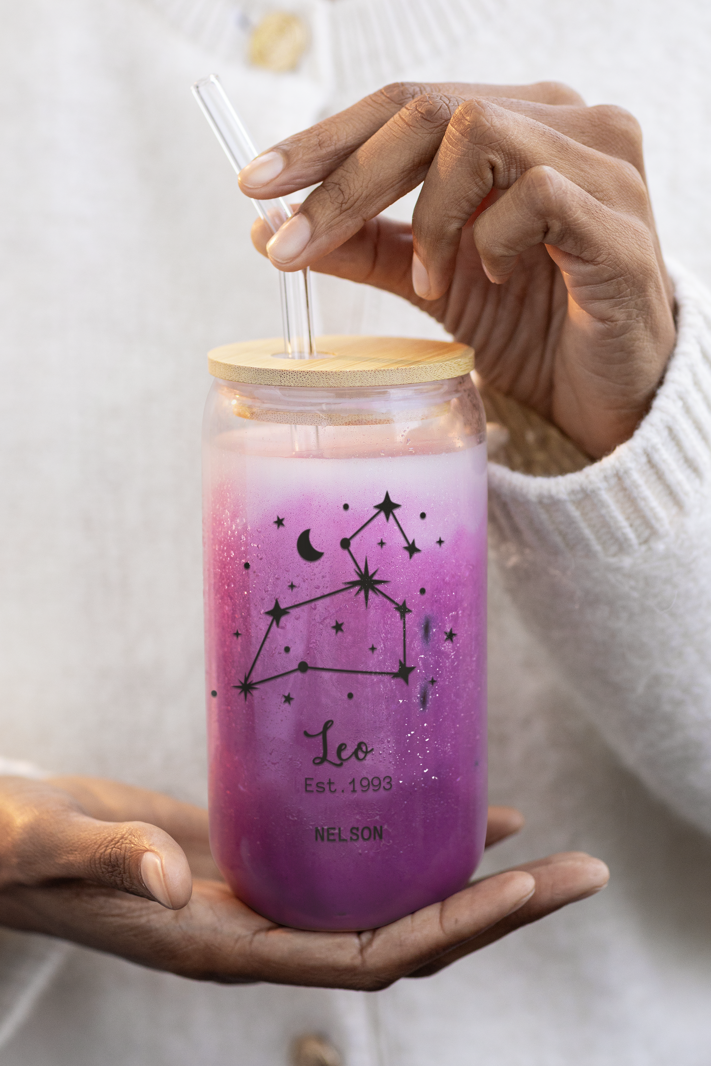 Zodiac Sipper Glass Personalized Astrology Iced Coffee Cup Unique Gift for Horoscope Lovers Custom Zodiac Sign Glass for Birthday