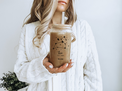 Zodiac Sipper Glass Personalized Astrology Iced Coffee Cup Unique Gift for Horoscope Lovers Custom Zodiac Sign Glass for Birthday