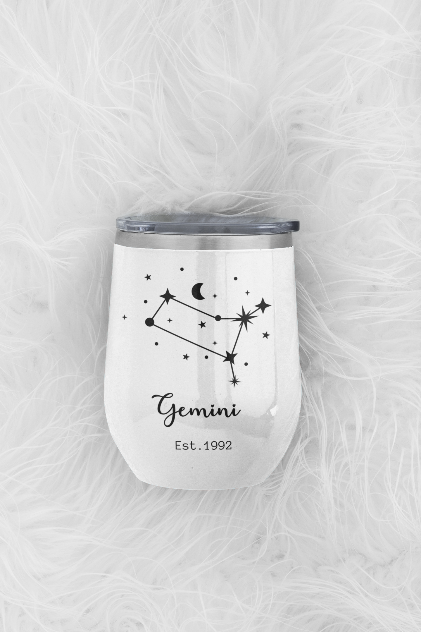 Custom Zodiacal Wine Tumbler - White tumbler with Gemini constellation design on a white background