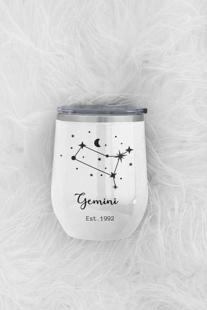 Custom Zodiacal Wine Tumbler - White tumbler with Gemini constellation design on a white background