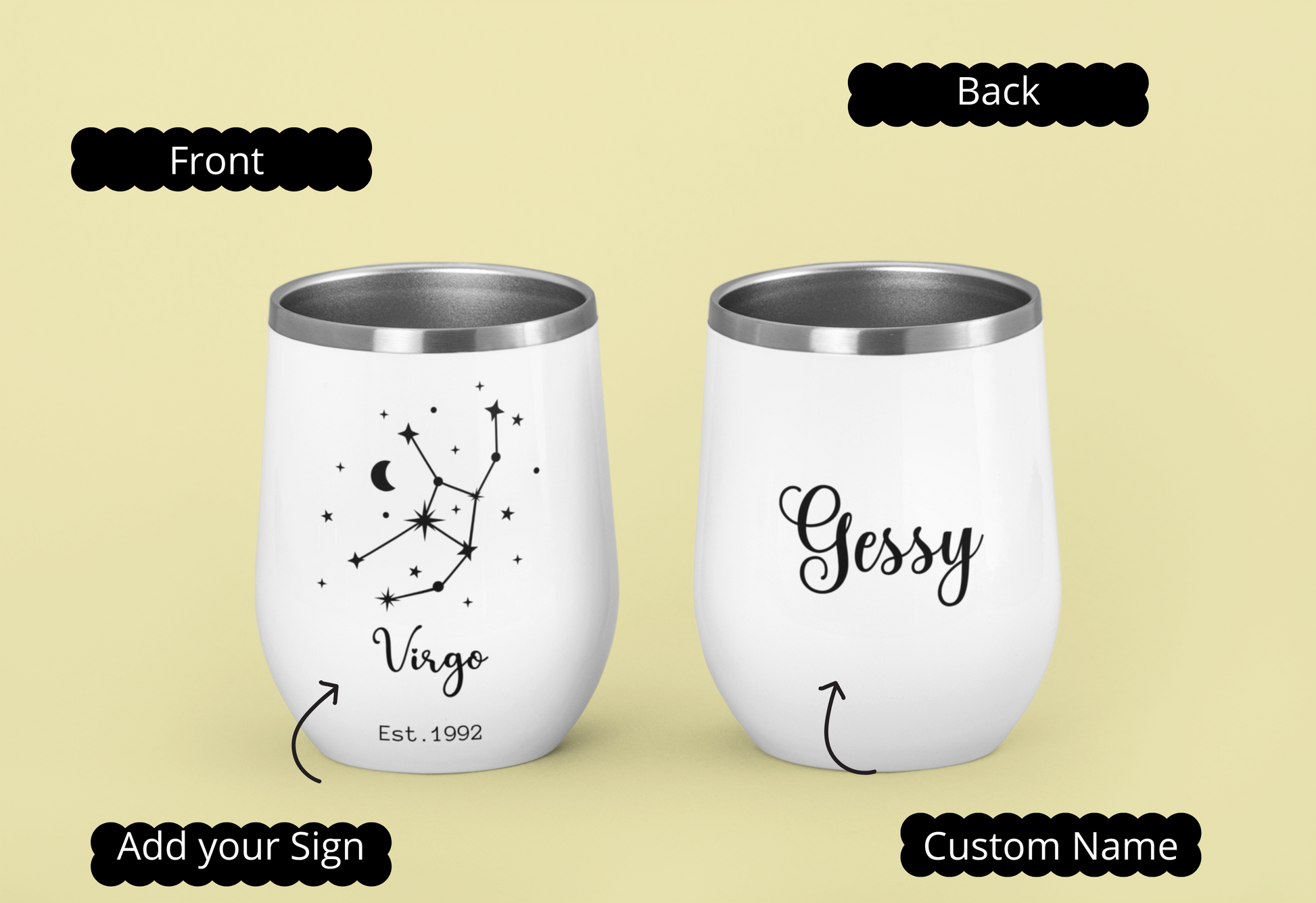 Custom Zodiacal Wine Tumbler - Two white tumblers with star constellation design and 'Gessy' branding on a beige background.