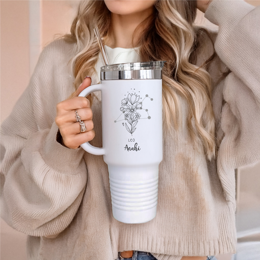 Personalized Zodiac Tumbler with Name, Custom Horoscope Travel Cup, Astrology Sign Gift, Manifestation Travel Mug for Birthday Horoscope