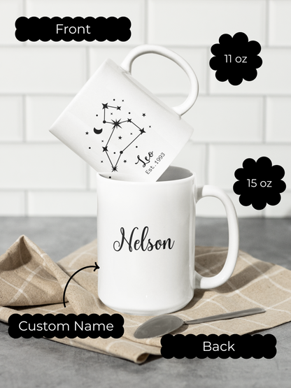Zodiac Mug Personalized Horoscope Coffee Cup, Custom Name Zodiac Sign Mug for Astrology Lovers, Birthday & Appreciation Gift ,  Zodiacal Mug