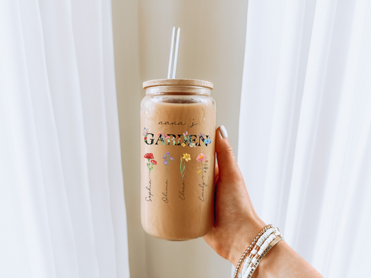 Personalized Grandma Sipper Glass with Birth Month Flowers Custom Nanas Garden Floral Iced Coffee Cup Gift for Grandma Nana or Mothers Day