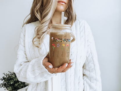 Personalized Grandma Sipper Glass with Birth Month Flowers Custom Nanas Garden Floral Iced Coffee Cup Gift for Grandma Nana or Mothers Day