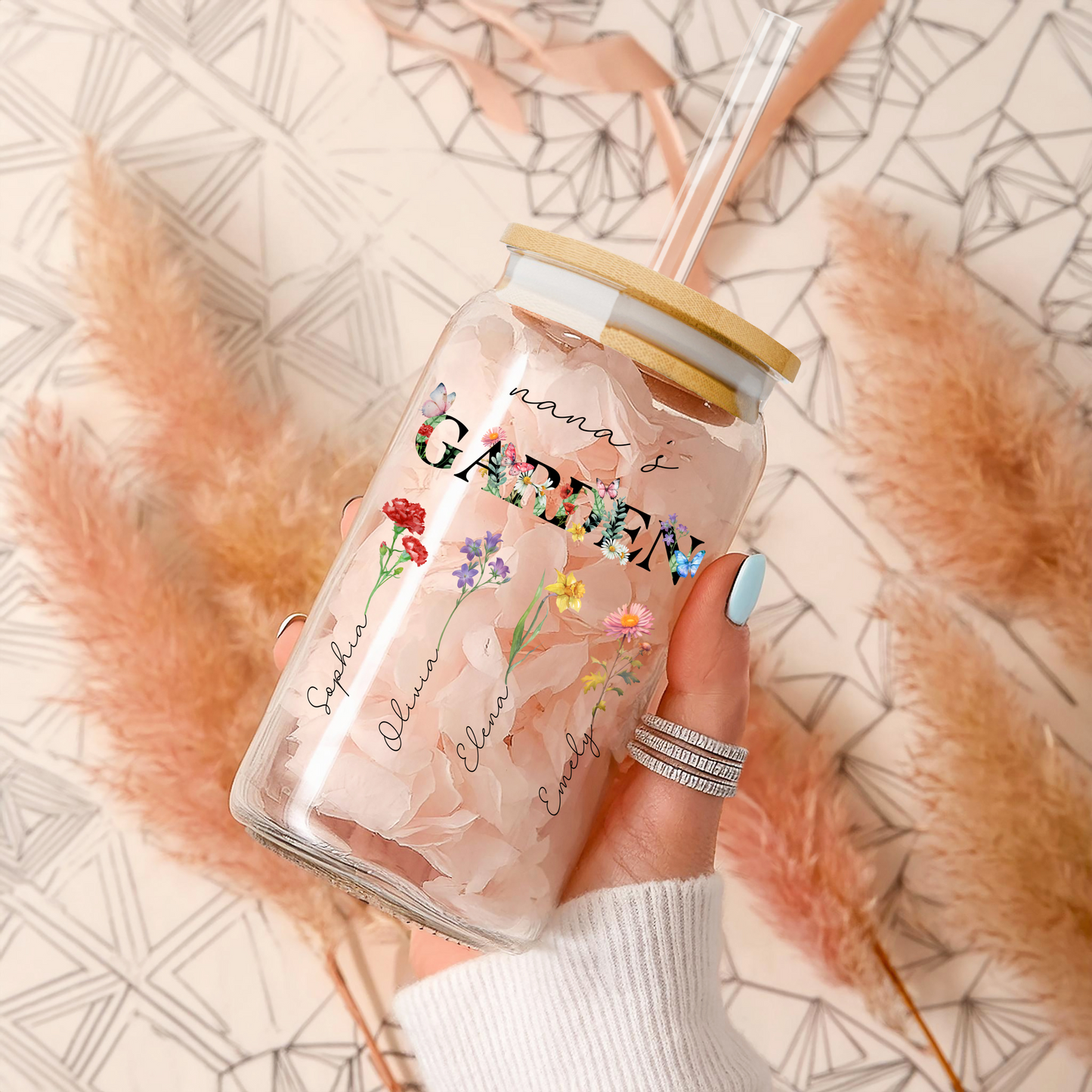 Personalized Grandma Sipper Glass with Birth Month Flowers Custom Nanas Garden Floral Iced Coffee Cup Gift for Grandma Nana or Mothers Day