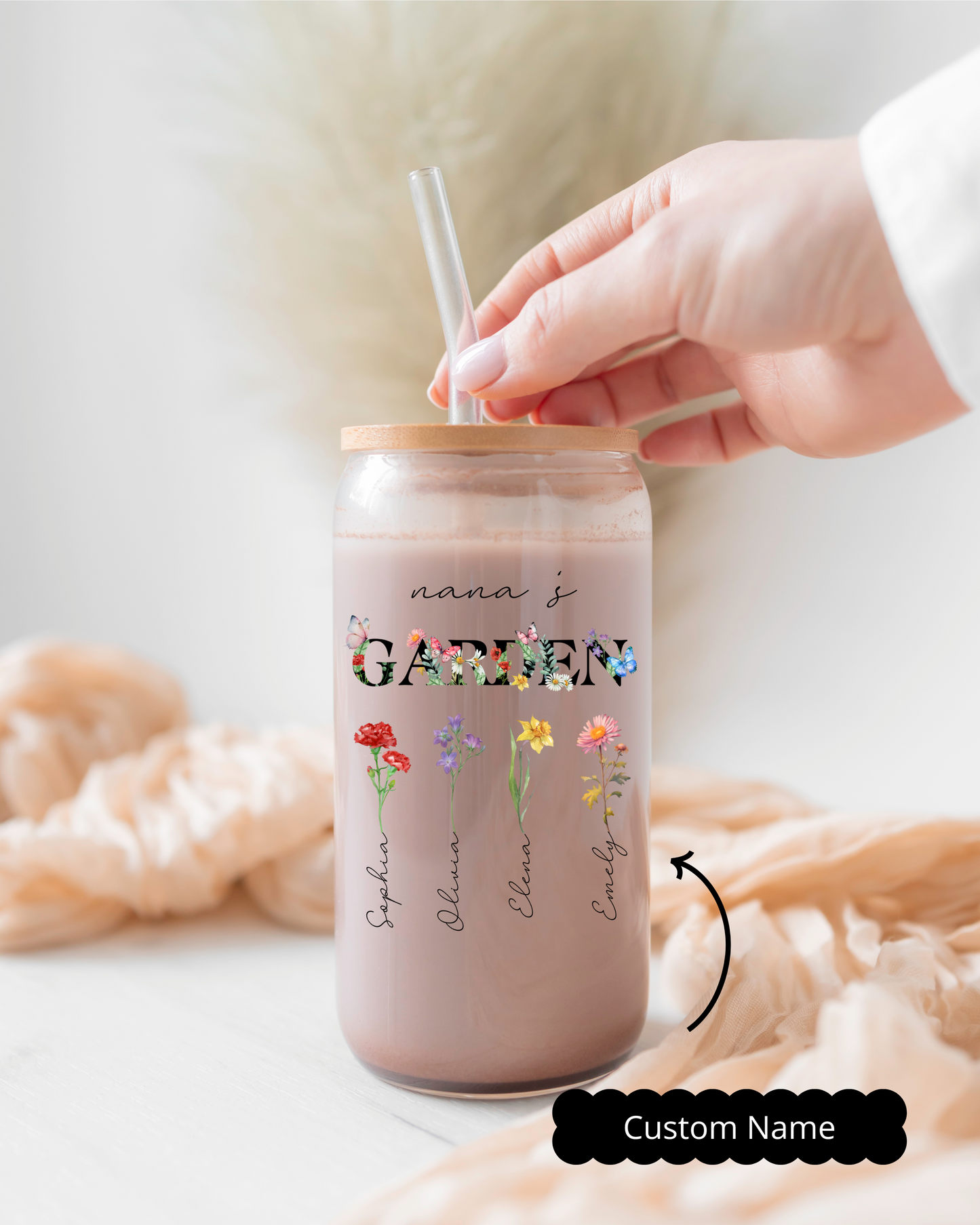 Personalized Grandma Sipper Glass with Birth Month Flowers Custom Nanas Garden Floral Iced Coffee Cup Gift for Grandma Nana or Mothers Day