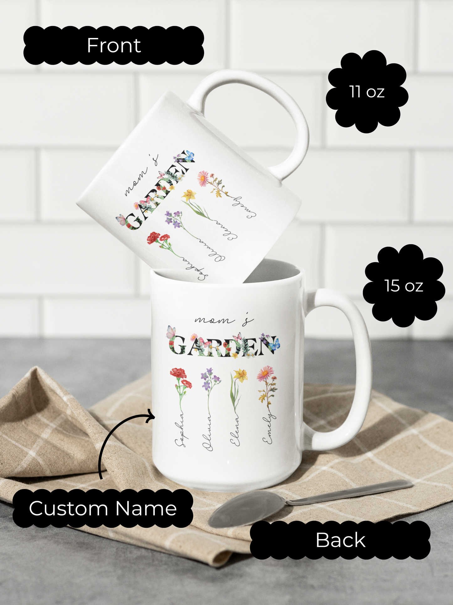 Custom Nana's Garden Mug with Birth Month Flowers Personalized Grandma Gift for Nana Mimi Birthday or Mother's Day Floral Coffee Cup