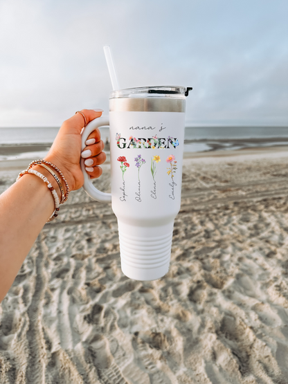 Nanas Garden Travel Mug, Durable Grandma Travel Tumbler Featuring Birth Month Flower Art, Thoughtful Gift for Grandma, Mimi, or Nana