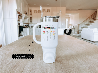Nanas Garden Travel Mug, Durable Grandma Travel Tumbler Featuring Birth Month Flower Art, Thoughtful Gift for Grandma, Mimi, or Nana