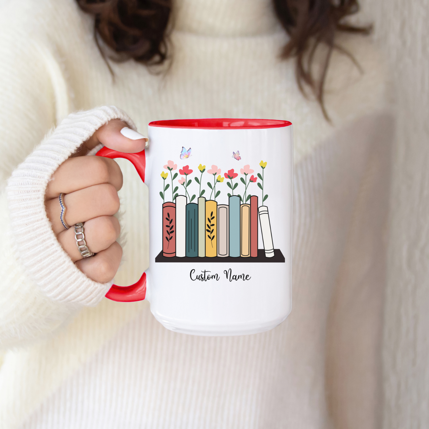 Book Lover Mug with Bookshelf and floral Theme, Custom name mug Book lover , Reading Mug Gift for Teacher, Reader, Coworker, Boss or Mom