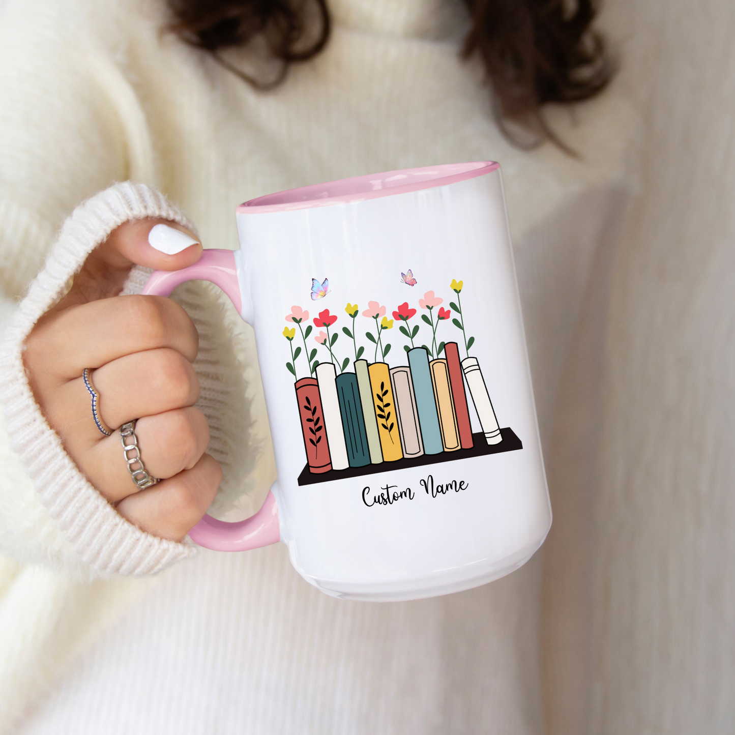 Book Lover Mug with Bookshelf and floral Theme, Custom name mug Book lover , Reading Mug Gift for Teacher, Reader, Coworker, Boss or Mom