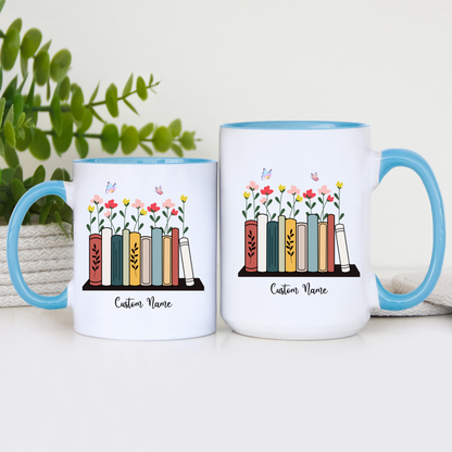 Book Lover Mug with Bookshelf and floral Theme, Custom name mug Book lover , Reading Mug Gift for Teacher, Reader, Coworker, Boss or Mom