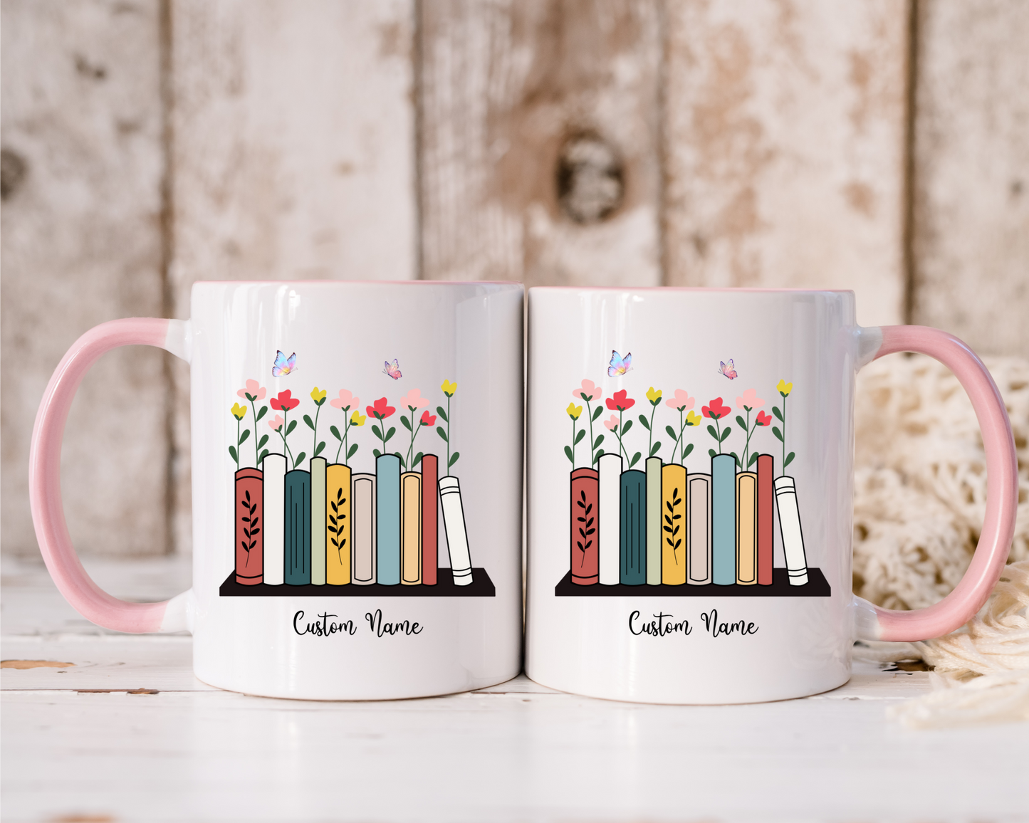 Book Lover Mug with Bookshelf and floral Theme, Custom name mug Book lover , Reading Mug Gift for Teacher, Reader, Coworker, Boss or Mom