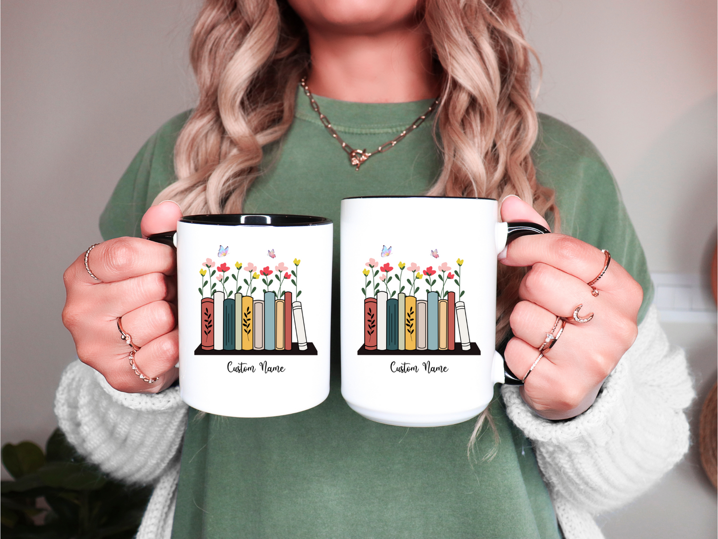 Book Lover Mug with Bookshelf and floral Theme, Custom name mug Book lover , Reading Mug Gift for Teacher, Reader, Coworker, Boss or Mom