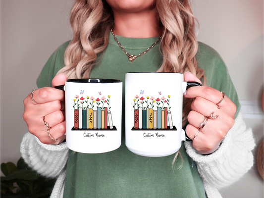 Book Lover Mug with Bookshelf and floral Theme, Custom name mug Book lover , Reading Mug Gift for Teacher, Reader, Coworker, Boss or Mom
