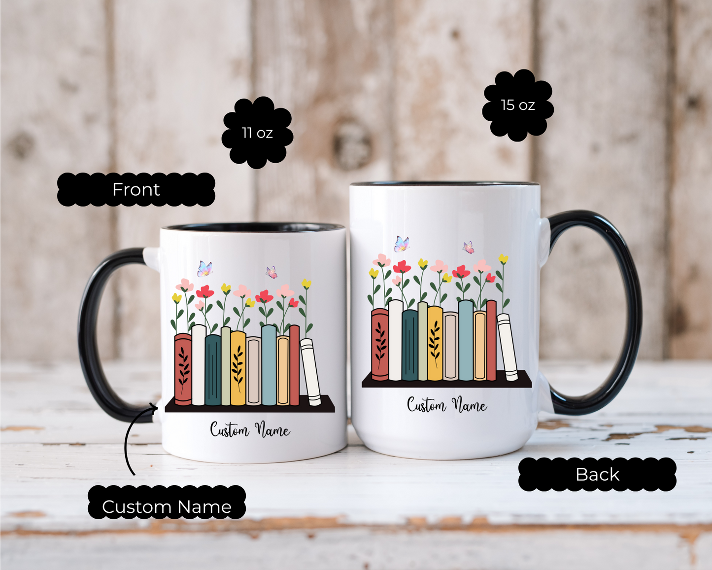 Book Lover Mug with Bookshelf and floral Theme, Custom name mug Book lover , Reading Mug Gift for Teacher, Reader, Coworker, Boss or Mom