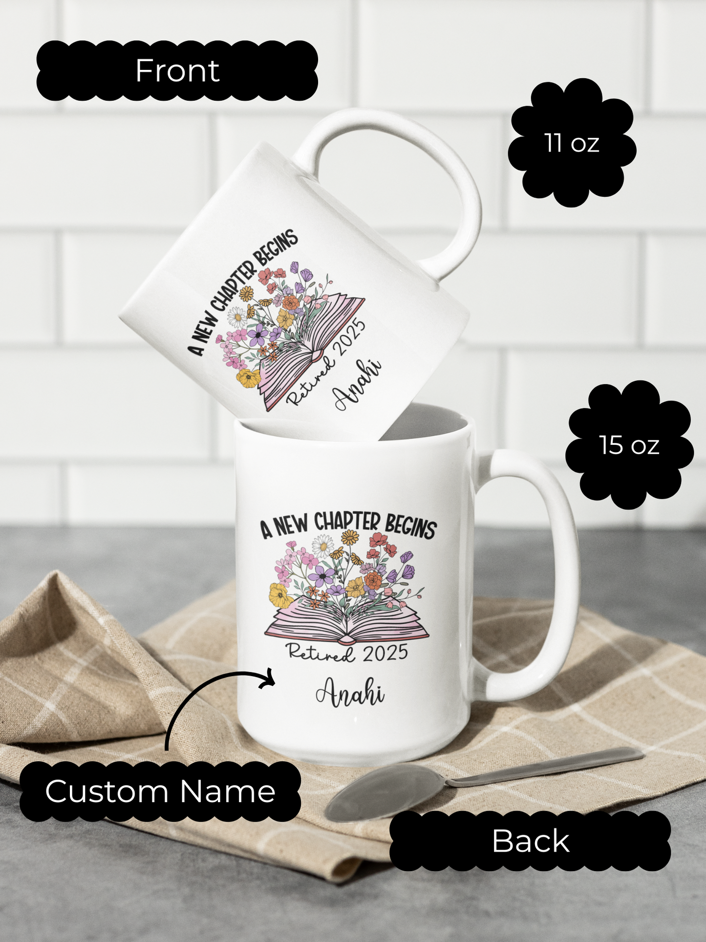 Floral  Retirement Mug with Custom Name Floral Coffee Cup Gift for Coworker Boss Teacher Mom Dad or Friend Retiring Personalized Gift Idea