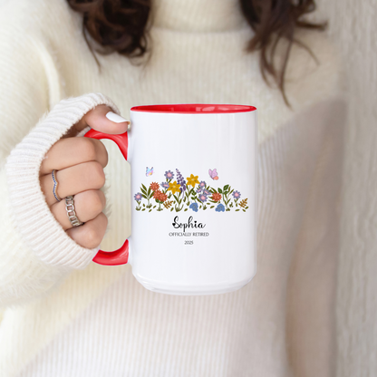 Floral Retirement Mug with Phrase Custom Coffee Cup Gift for Retired Teacher Coworker Boss Friend Mom Dad or Personalized Gift for Her