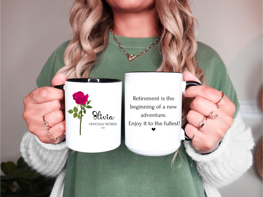 Retirement mug personalized with flowers, custom name & message, perfect floral retirement gift for coworkers, Boss, Friends, Mom and Dad
