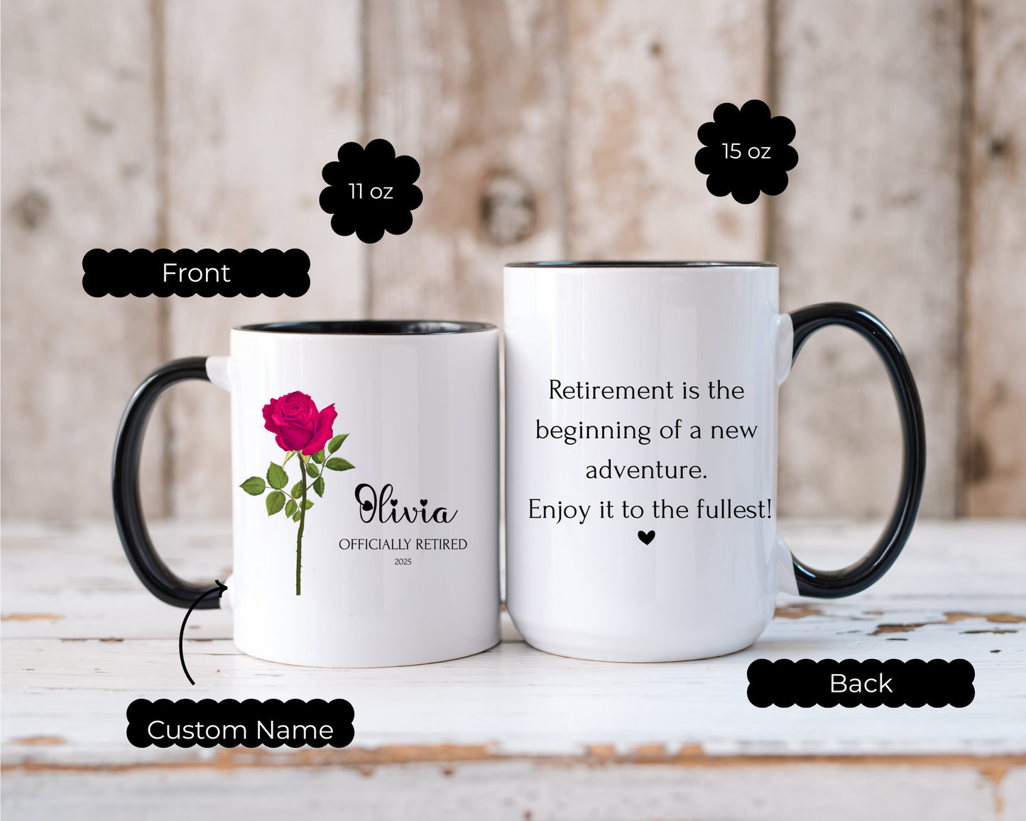 Retirement mug personalized with flowers, custom name & message, perfect floral retirement gift for coworkers, Boss, Friends, Mom and Dad