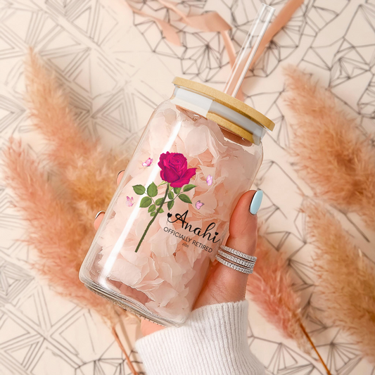 Retirement Sipper Glass with Custom Name & Floral Art, BPA-Free 16oz Glass with Lid Option, Thoughtful Gift for Retirement Celebration