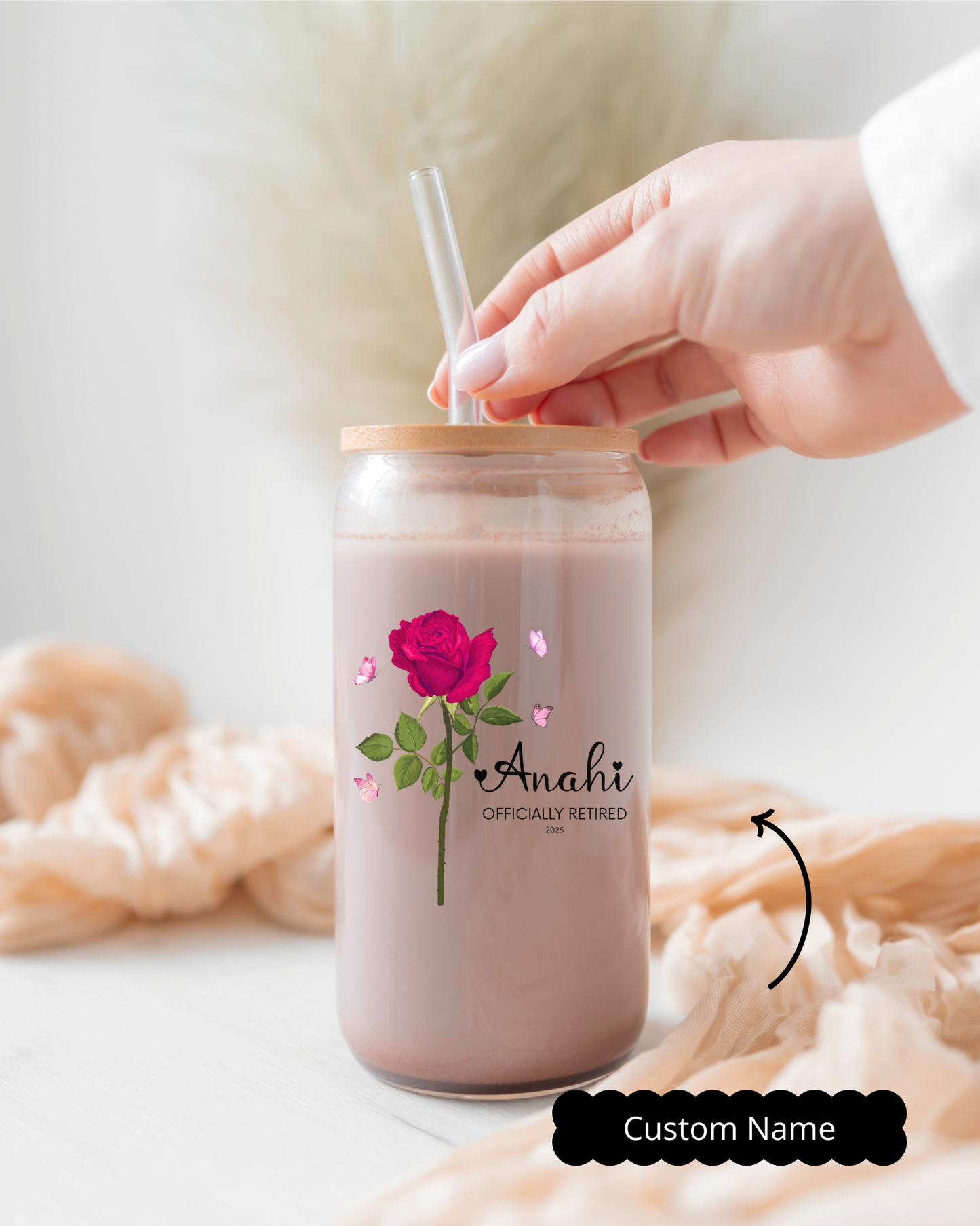 Retirement Sipper Glass with Custom Name & Floral Art, BPA-Free 16oz Glass with Lid Option, Thoughtful Gift for Retirement Celebration