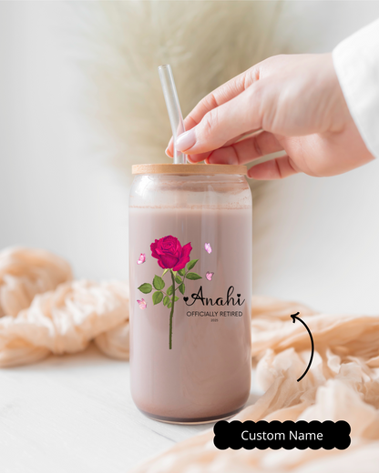 Retirement Sipper Glass with Custom Name & Floral Art, BPA-Free 16oz Glass with Lid Option, Thoughtful Gift for Retirement Celebration