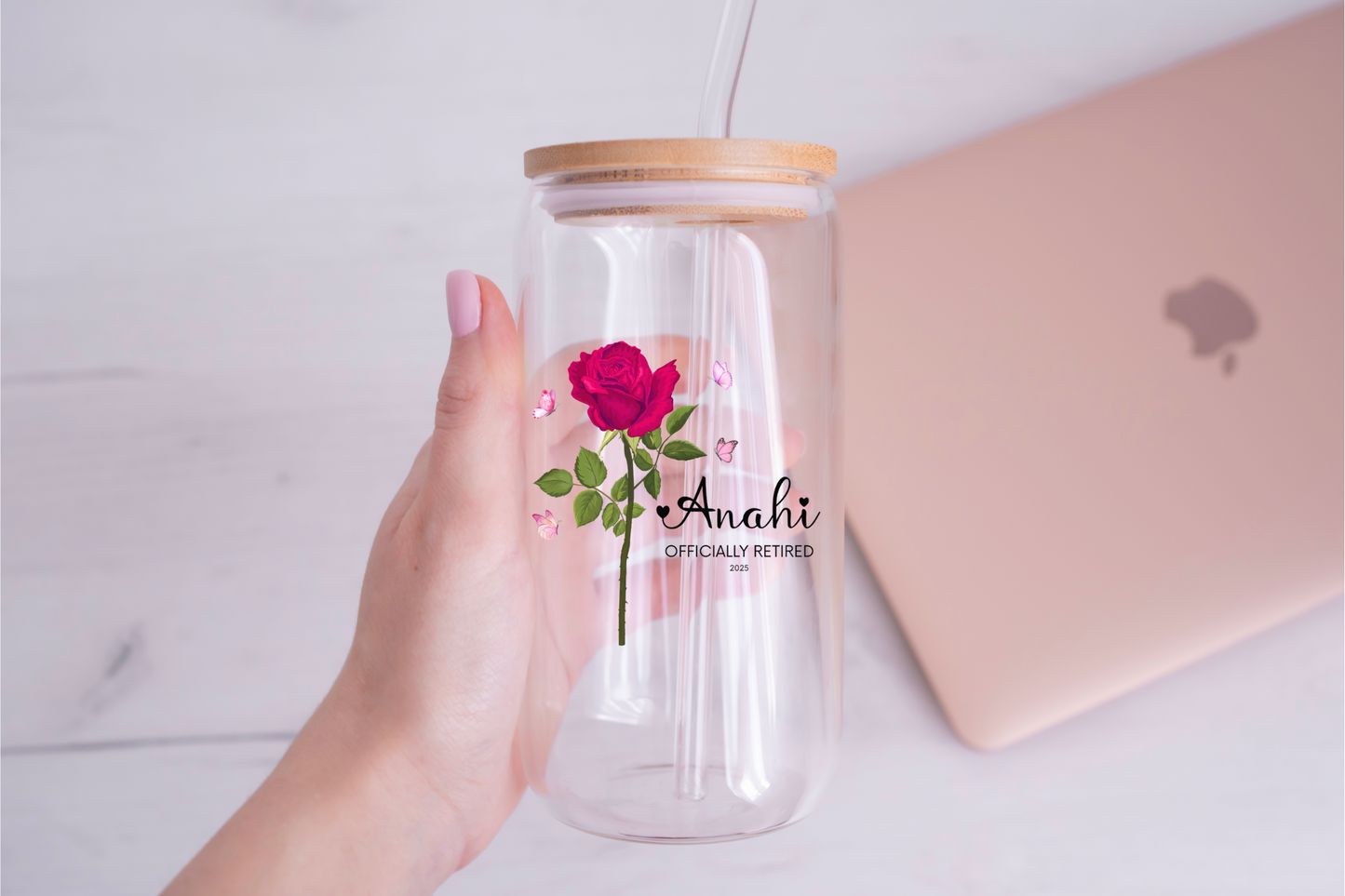 Retirement Sipper Glass with Custom Name & Floral Art, BPA-Free 16oz Glass with Lid Option, Thoughtful Gift for Retirement Celebration