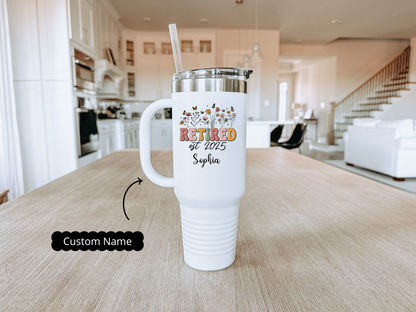 Personalized Retirement Tumbler, Gift for Retiring with Custom Year and Name, Travel Cup for Teacher Retiring, Happy Retired Coworker Boss