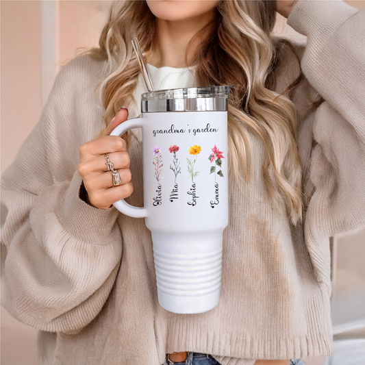 Grandma's Garden Tumbler Custom 40oz Floral Birth Month Flower Cup with Grandkids Names Gift for Grandma Aunt Mother's Day Birthday Present