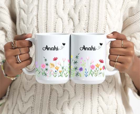 Personalized Wildflower Coffee Mug Custom Name Floral Cup Bridesmaid Gift Wedding Favor Mug for Mom Mother's Day or Gift from Daughter