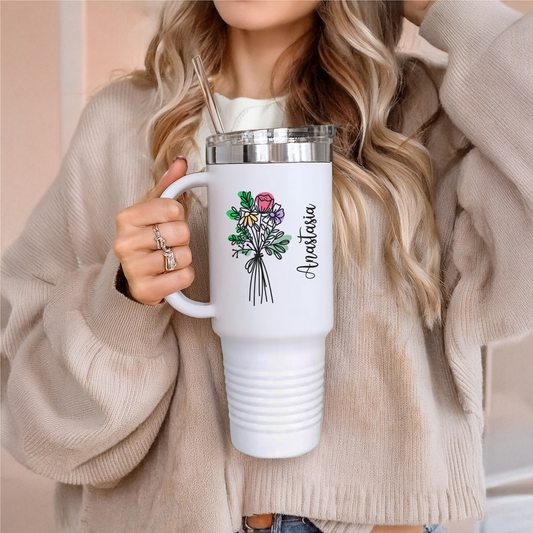 Personalized Insulated Travel Mug - Floral Design, Customizable 40oz Coffee Cup for Outdoor Adventures, Gifts & Holidays