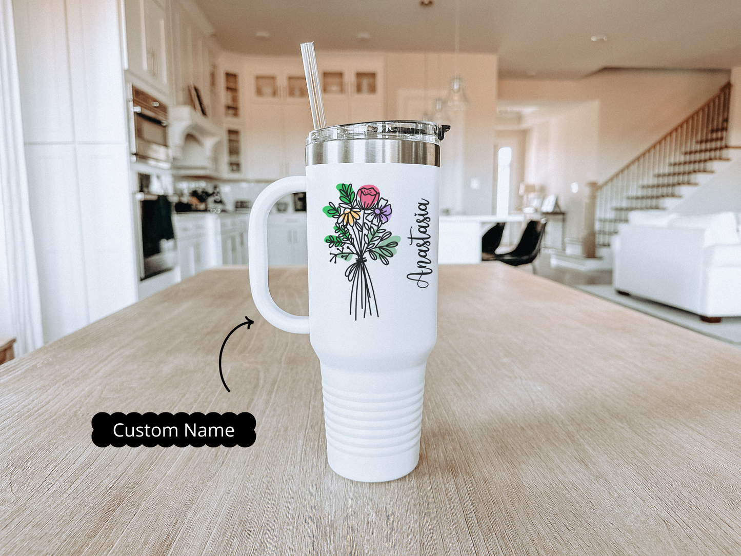 Personalized Insulated Travel Mug - Floral Design, Customizable 40oz Coffee Cup for Outdoor Adventures, Gifts & Holidays