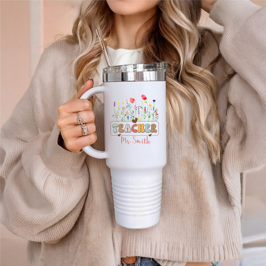 Teacher Travel Mug Personalized 40oz Insulated Tumbler, Floral Design for Coffee Lovers, Ideal Teacher Appreciation Gift, Back to School