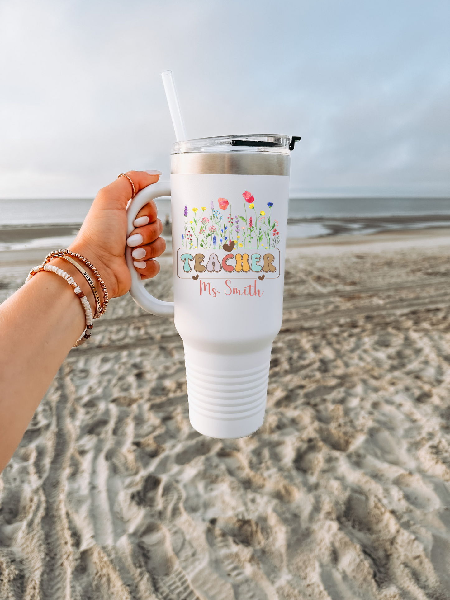 Teacher Travel Mug Personalized 40oz Insulated Tumbler, Floral Design for Coffee Lovers, Ideal Teacher Appreciation Gift, Back to School