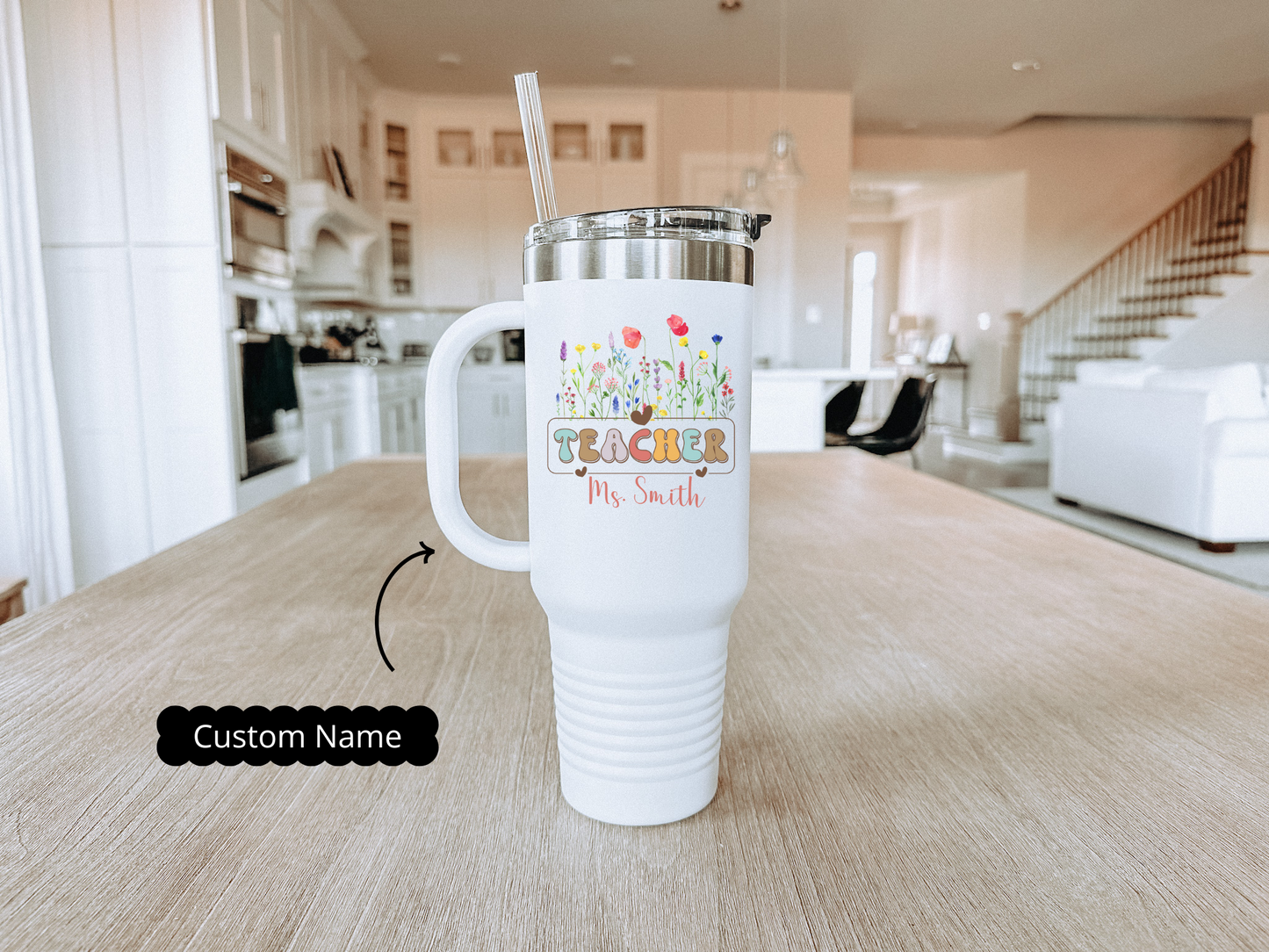 Teacher Travel Mug Personalized 40oz Insulated Tumbler, Floral Design for Coffee Lovers, Ideal Teacher Appreciation Gift, Back to School
