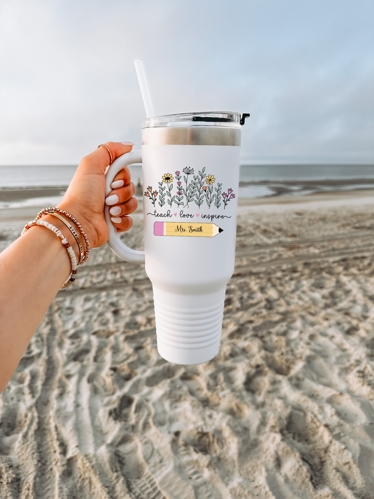 Personalized Teacher Travel Mug 40oz Insulated Cup with Floral Design, Custom Educators' Name, Teacher Appreciation Gift Back To School