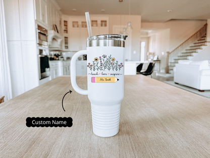Personalized Teacher Travel Mug 40oz Insulated Cup with Floral Design, Custom Educators' Name, Teacher Appreciation Gift Back To School