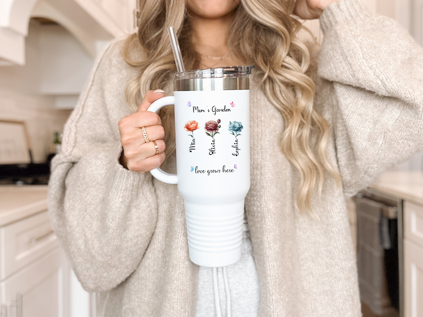 Mama's Garden Tumbler Custom 40oz Floral Birth Month Flower Cup with Grandkids Names Gift for Grandma Aunt  Birthday Present