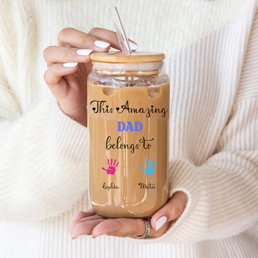 Custom Sons' names Dad Glass Cup, Iced Coffee Glass Gift from Daughter, Custom Father's Day Glass, Unique Gift for Dad Husband, Dad Glass