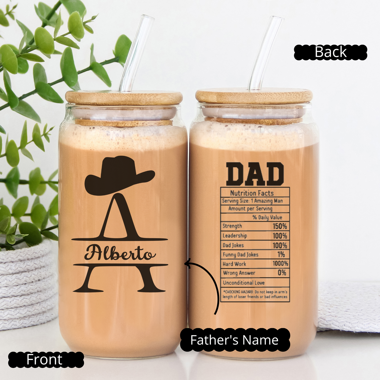 Personalized Dad Glass Cup, Iced Coffee Glass for Nutrition Dad, Gift from Daughter, Custom Father's Day Glass, Gifts for Him or Husband