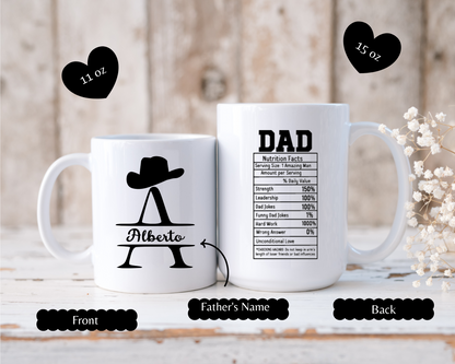 Funny Nutrition Fact Dad Mug, Coffee Cup with Cowboy Hat Design, Custom Mug with Names, Personalized Gift for Him or Father's Day, Dad Gift