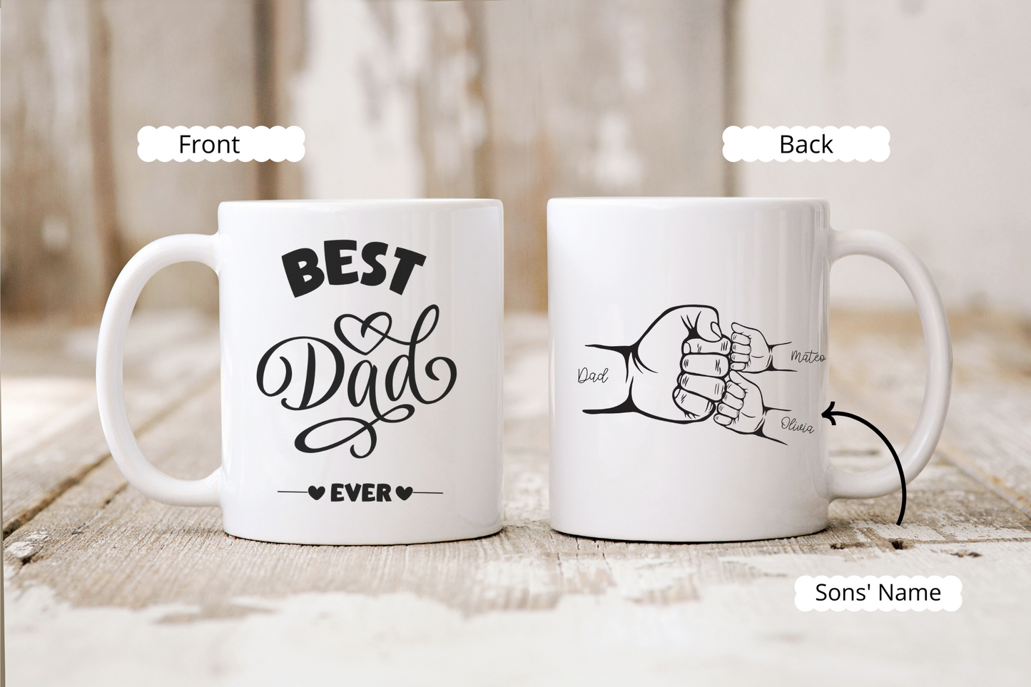 Best Dad Mug, Custom Coffee Cup with Kids' Names and Handprints, Personalized Gift for Dad from Son, Daughter or Wife, Father's Day Mug