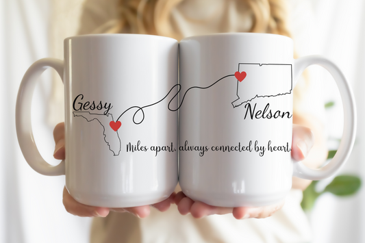 Long Distance Love Mug, State to State Custom Coffee Cup with Names,  Personalized Long Distance Gift, Going Away Gift Girlfriend/Boyfriend